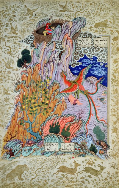 CBL Per 277.12 Zal bliver reddet af den mytiske Simurgh, fra en kopi af Shahnama, slutningen af det 16. århundrede (gouache & wc på papir) af Persian School