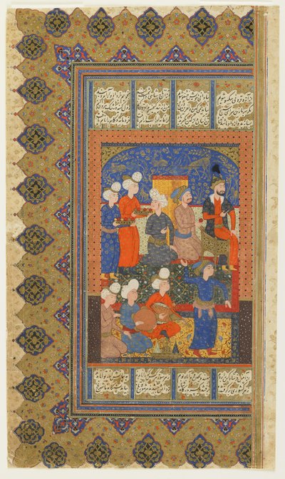 Hofmænd med Luhrasp på tronen fra en Shahnama (Kongernes Bog) af Firdawsi, , ca. 1590-1600 (blæk, uigennemsigtig akvarel og guld på papir) af Persian School