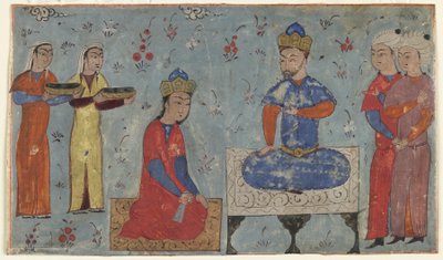 Folio fra en Shahnama (Kongernes Bog) af Firdawsi (d.1020); recto: Sindukht Before Sam, Iran (ugennemsigtig akvarel, blæk og guld på papir) af Persian School