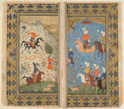 Folio fra en Shahnama (Kongernes Bog) af Firdawsi; A Royal Hunt, Iran, ca. 1590-1600 (ugennemsigtig akvarel, blæk og guld på papir) af Persian School