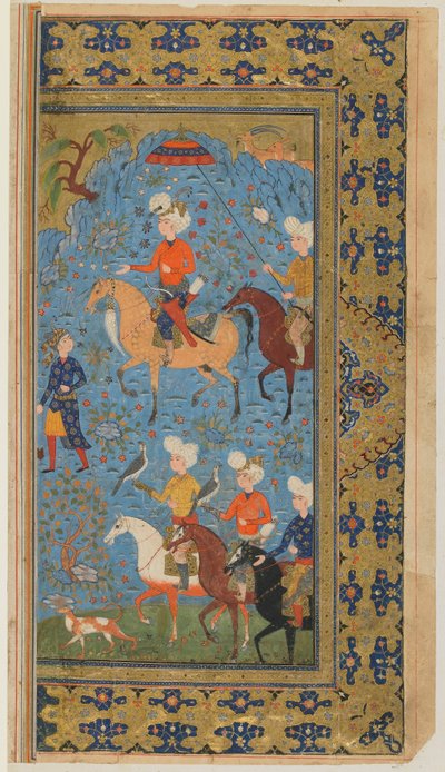 Folio fra en Shahnama (Kongernes Bog) af Firdawsi; A Royal Hunt, Iran, ca. 1590-1600 (ugennemsigtig akvarel, blæk og guld på papir) af Persian School