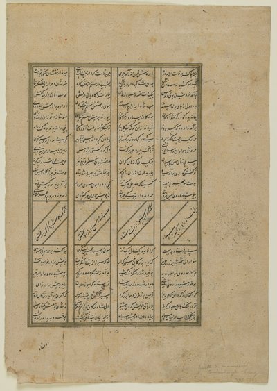 Folio fra en Shahnama (Kongernes Bog) af Firdawsi (d.1020); recto: Kampen mellem Kay Khosrow og Afrasiyab og Afrasiyabs tilbagetog; verso: tekst fra historien om Kay Khusraw, løsrevet manuskript f af Persian School