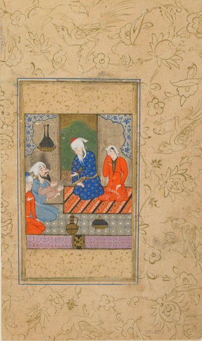 Folio fra en Yusuf u Zulaykha af Jami (d. 1492); Zulaykha og en ældre mand Lyt til en samtale, muligvis Mashhad, Iran, ca. 1560-70 (ugennemsigtig akvarel, blæk og guld på papir) af Persian School