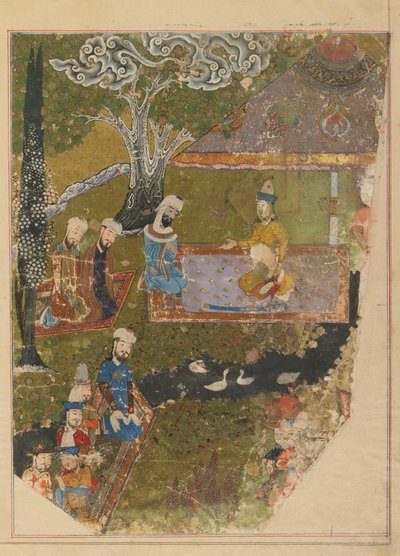 Folio fra en Zafarnama; verso: Timur giver et publikum i anledning af sin overtagelse af tronen i Balkh, Shiraz, Iran, Timurid-perioden (ugennemsigtig akvarel, blæk og guld på papir) af Persian School