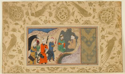 Folio fra en uidentificeret tekst; Iskandar (?) Besøger en eremit, Iran, ca. 1500 (ugennemsigtig akvarel, blæk og guld på papir) af Persian School