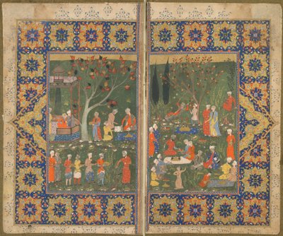 Folio fra en uidentificeret tekst; verso: En fest i en have, Shiraz, Iran, ca. 1570 (ugennemsigtig akvarel, blæk og guld på papir) af Persian School