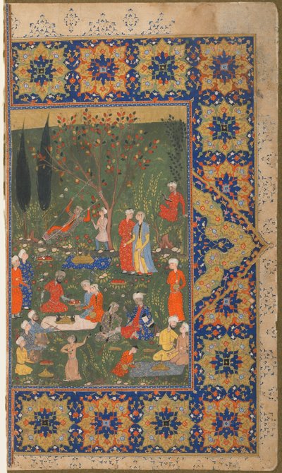 Folio fra en uidentificeret tekst; verso: En fest i en have, Shiraz, Iran, ca. 1570 (ugennemsigtig akvarel, blæk og guld på papir) af Persian School