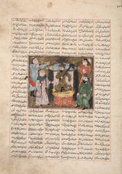 Gordiyeh råder sin bror Bahram Chubineh til ikke at stræbe efter den persiske trone, ca. 1330 (ugennemsigtigt wc, guld og blæk på papir) af Persian School