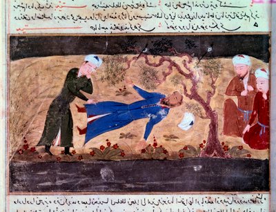 Mongolernes historie: Muhammad hwarazmshahs død. Manuskript ""Sum of Stories (Djame al-tavarikh) (Djame al-tavarikh)" (Folio 60v) af Rachid al-Din Fazl-ollah (Fazl ollah) Hamadani af Persian School