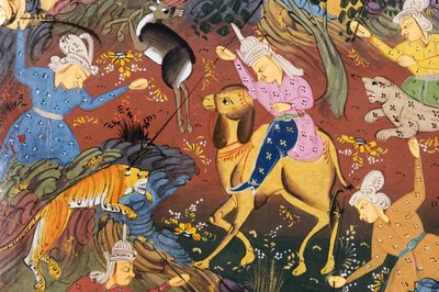 Jægere monteret og til fods dræber hjorte og tiger (ugennemsigtig akvarel på papir) (detaljer fra 272916) af Persian School