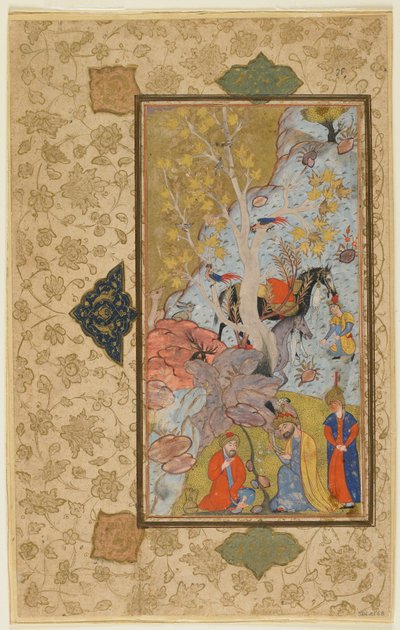 Iskandar besøger en eremit, Shiraz, Iran, ca. 1580-1600 (ugennemsigtig akvarel, blæk og guld på papir) af Persian School
