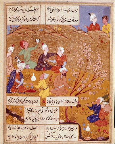 Islamisk kunst: "" Kongens snack til landet"" Miniature, der illustrerer digte af den persiske digter Hafez (Hafiz Shirazi), persisk manuskript. 1554 San Lorenzo de El Escorial, Royal Library of the Monastery of El Escorial, Madrid af Persian School