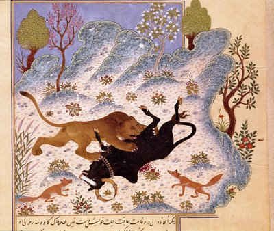 Løve angriber en tyr Page of a Kalila og Dimna af Persian School
