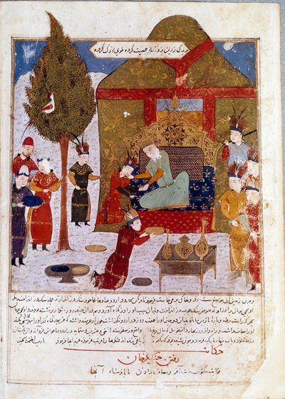 Mongolsk kejser Djengis Khan (1167-1227) på sin trone i en lejr nær Ilmil med sine børnebørn Quibalai og Hule Gu persisk miniature taget fra Jami al-Tawarikh (Jami al tawarikh) (Det mongolske imperiums historie) af Rashid al-Din ( al Din) (B.1247-1318) af Persian School
