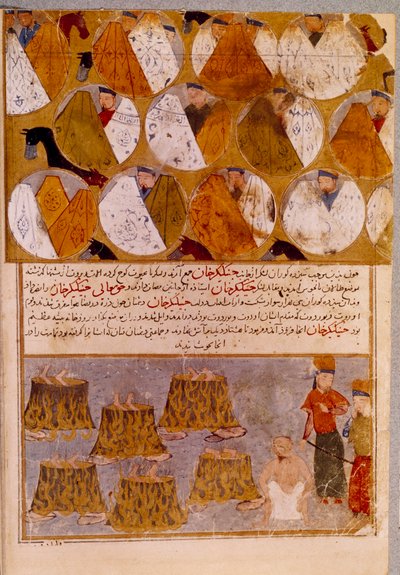 Mongolske telte og fanger af Djengis Khan (1162-1227): Djengis Khan får tilhængere af Djamuqua, en mongol fra Jadjirat-stammen, kastet i kedlerne. Persisk miniature taget fra "" Jami al-tawarikh"" (Jami al tawarikh) eller "" Universal History"" af Persian School