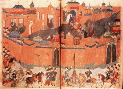 Ms.Sup.Pers.1113.f.180v-181 Mongoler under ledelse af Hulagu Khan stormede og erobrede Bagdad i 1258, fra en bog af Rashid al-Din (1247-1318) (vellum) af Persian School