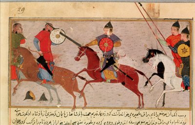 Ms Pers.113 f.29 Genghis Khan (ca. 1162-1227) Fighting the Tartars, fra en bog af Rashid-al-Din (1247-1318) (gouache) af Persian School