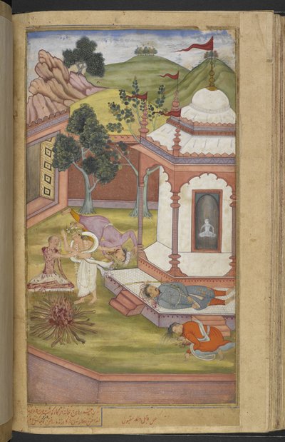 Or.12076 f.90v Candrahasa, der ofrer sig selv ved Candikas tempel ved at skære stykker af sit eget kød af og sætte dem på ilden (Qabil ibn Maqbul) fra 
