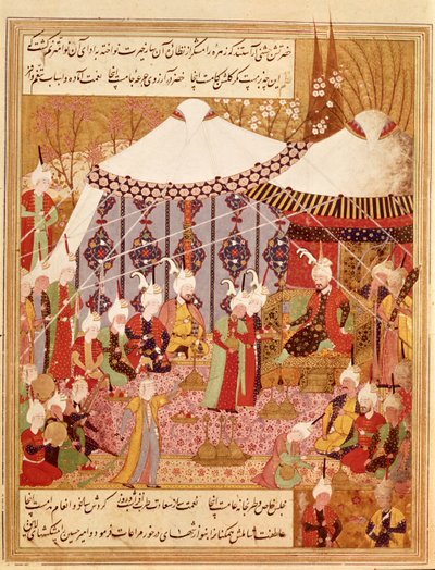 Or.1359 fol. 35 v. Sultan Bayazid Fanget af Timur, 1402 fra Zafarnama 1533 (blæk på vellum) af Persian School