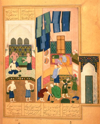 Or.6810 f.27v Harun al-Rashid og barberen i et tyrkisk bad (vellum) af Persian School