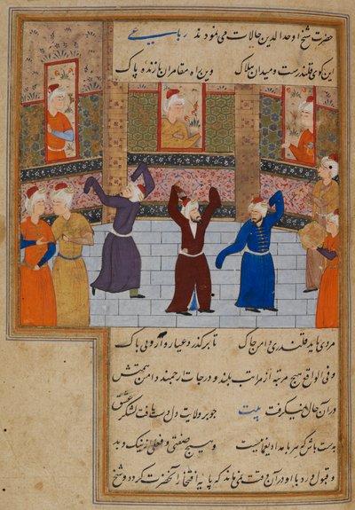 Eller. 11837, f.152 Muhammad Tabadkani (d.1486) danser med dervisher, illustration fra 