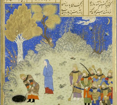 Persisk 239 fol.180a Detalje: Rustam redder B?zhan fra graven, illustration fra Shahnama (Kongenes Bog), af Abul-Qasim Mansur Firdawsi (ca.934-c.1020), 1444 af Persian School