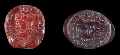 Persisk kunst: Kamee af Kavadh I (eller Qobad, Kobad, Kabad) (488-496 e.Kr.) konge af det andet persiske imperium og agatstempel fra sassanidperioden. 5. eller 6. århundrede e.Kr. Paris, B.N. af Persian School