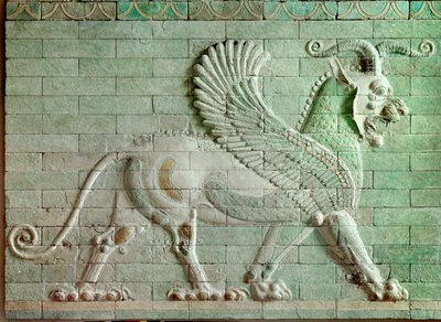 Persisk periode rouenide (Iran): lavt relief i emaljeret mursten, der repræsenterer en griffon. Fra Darius I