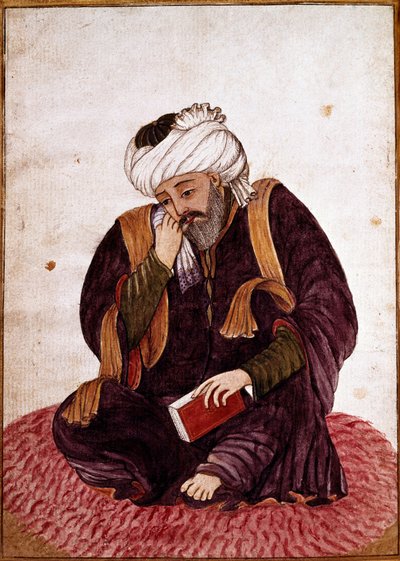 Portræt af Hafez med hans rigtige navn Khwajeh Chams ad-din Mohammad Hafez-e Chirazi (ad Din Mohammad Hafez e Chirazi) Persisk digter og mystiker fra det 14. århundrede. Miniature. Nationalmuseet i Damaskus, Syrien. af Persian School