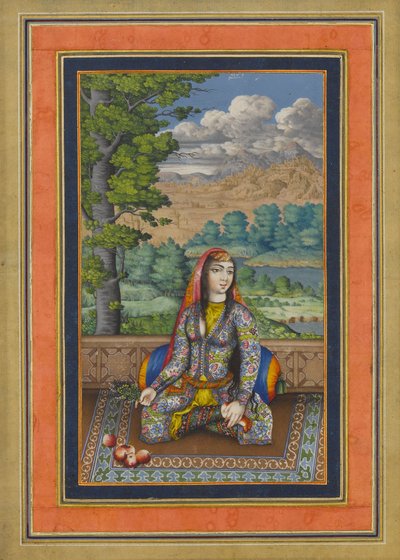 Portrait of a Persian Lady, Folio fra Davis Album, ca. 1736-37 (blæk, uigennemsigtig akvarel og guld på papir) af Persian School