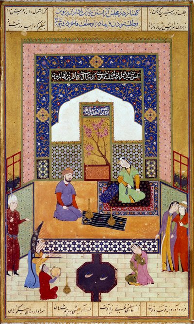 Prinsesse Shirin (Chirin) modtager Farhad i sit persiske miniatureslot, der illustrerer en episode af Nizamis "Khamsa" (Fem digte) (1141-1209) Paris musee du Louvre fra det 16. århundrede af Persian School