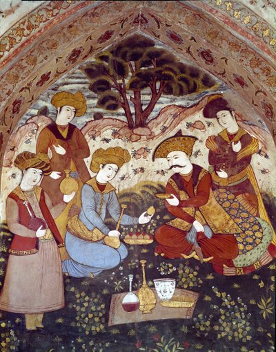 Repræsentation af Abbas I den Store serveret af kurtisaner (Detalje af en fresco af Persian School