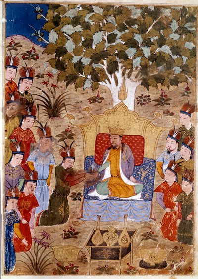 Repræsentation af Chaghtai Khan (1227-1242) på sin trone, han er søn af Djengis Khan til hest. Persisk miniature taget fra Jami al-Tawarikh" (Jami al tawarikh) eller ""Universal History"" af historikeren Rashid al-din (al din) (1247-1318) Omkring 1430. af Persian School