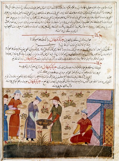 Repræsentation af Djengis Khan (1162-1227), der indgår alliancer. Persisk miniature taget fra "" Jami al-tawarikh"" (Jami al tawarikh) eller "" Universal History"" af historikeren Rashid al-din (al din) (1247-1318) Omkring 1430. Paris, B.N. af Persian School