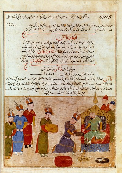 Repræsentation af Ogodei Khan (1186-1241), han er søn af Djengis Khan. Persisk miniature taget fra "" Jami al-tawarikh"" (Jami al tawarikh) eller "" Universal History"" af historikeren Rashid al-din (al din) (1247-1318) Omkring 1430. Paris, B.N. af Persian School