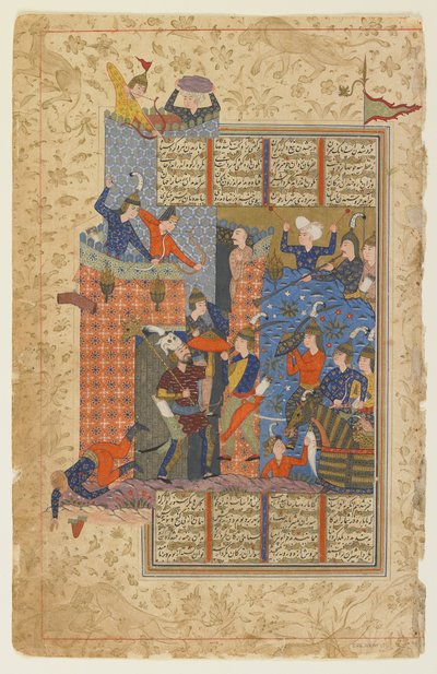 Rustam og hans mænd angriber Afrasiyabs palads fra en Shahnama af Persian School