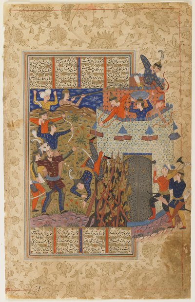 Rustam og hans mænd angriber fæstningen Gang Dizh fra en Shahnama af Persian School
