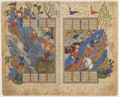 Rustam sparker stenen tilbage, som Bahman rullede på ham fra en Shahnama (Kongernes Bog), ca. 1590-1600 (blæk, uigennemsigtig akvarel og guld på papir) af Persian School