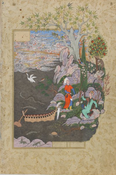 Salaman og Absal hviler på den glade ø, folio fra en Haft awrang (syv troner) af Jami (d.1492) sandsynligvis Mashad, Khurasan, Iran, Safavid-dynastiet, 1556-1565 (blæk, uigennemsigtig akvarel og guld på p. af Persian School