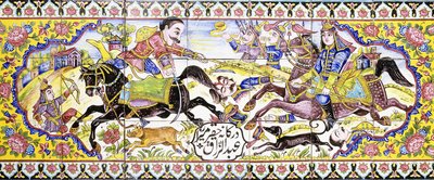 Anden kartouche fra et langt panel af cuerda seca-fliser, der viser jagt- og kampscener, 1800-tallet af Persian School