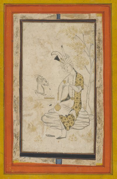 Shah Tahmasp I sad på klippen, Safavid-dynasti (blæk og guld på papir) af Persian School