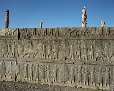 Underdanige folk tilbyder gaver til Darius I. Relieffer af den østlige trappe af Apadana, 6. århundrede f.Kr. af Persian School