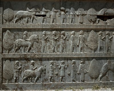 Underdanige folk tilbyder gaver til Darius I. Relieffer af den østlige trappe af Apadana, 6. århundrede f.Kr. af Persian School