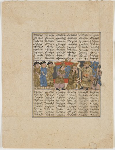 Sudaba fremsætter beskyldninger mod Siyavush, fra en Shahnama (Kongebogen) af Firdawsi (d.1020) (ugennemsigtig akvarel, blæk, guld og sølv på papir) af Persian School