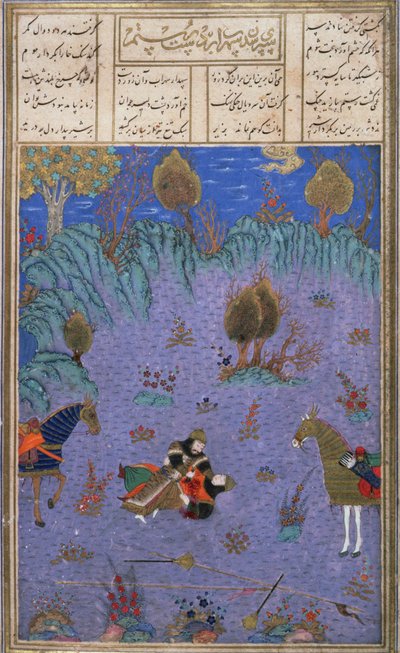 Suhrab Slain af His Fader Rustam, illustration fra Shahnama (Kongebogen), af Abul-Qasim Manur Firdawsi (c.934-c.1020) c.1440-45 (pen, blæk & wc på vellum) af Persian School