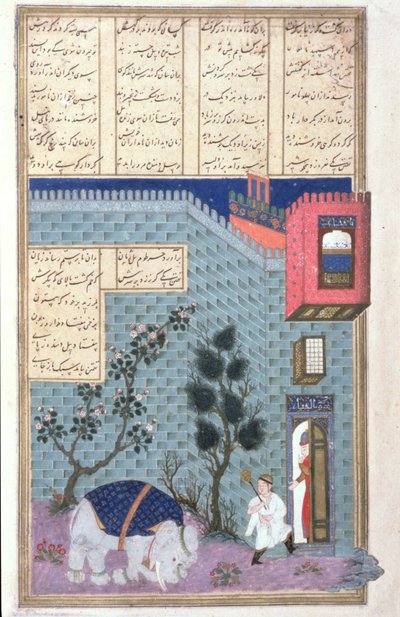 The Child Rustam Kills the Mad Elephant, illustration fra Shahnama (Kongebogen), af Abul-Qasim Manur Firdawsi (c.934-c.1020) c.1440-45 (pen, blæk & wc på vellum) af Persian School