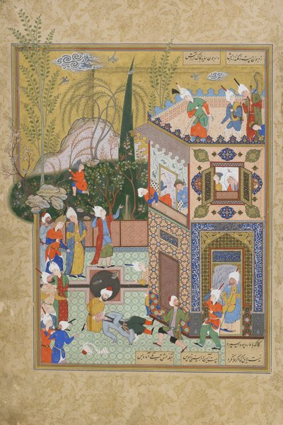 The Fickle Old Lover is Knocked Off the Rooftop, folio fra en Haft awrang (Seven Thrones) af Jami (d.1492) sandsynligvis Mashad, Khurasan, Iran, Safavid-dynastiet, 1556-1565 (blæk, uigennemsigtig akvarel og guld af Persian School