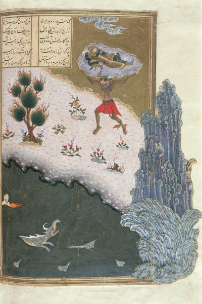 Den sovende Rustam båret gennem luften af Dæmonen Akwan, illustration fra Shahnama (Kongenes Bog), af Abul-Qasim Manur Firdawsi (ca.934-c.1020) ca.1440-45 (pen, blæk & wc på vellum ) af Persian School