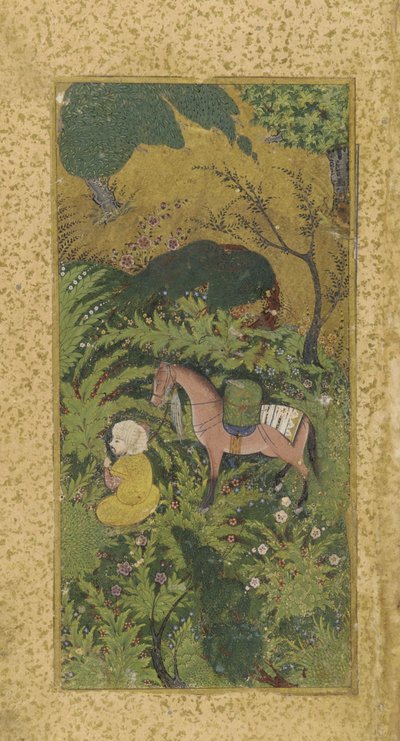 Ventende brudgom med hest i skovklædt lund, sandsynligvis Tabriz, turkomansk dynasti, ca. 1500 (ugennemsigtig akvarel og guld på papir) af Persian School