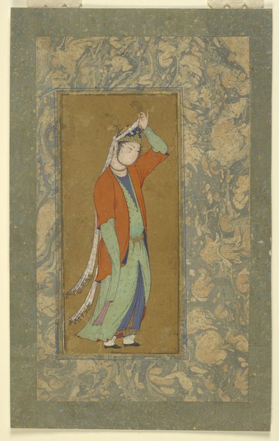 Kvinde justerer sin aigrette, ca. 1590 af Persian School